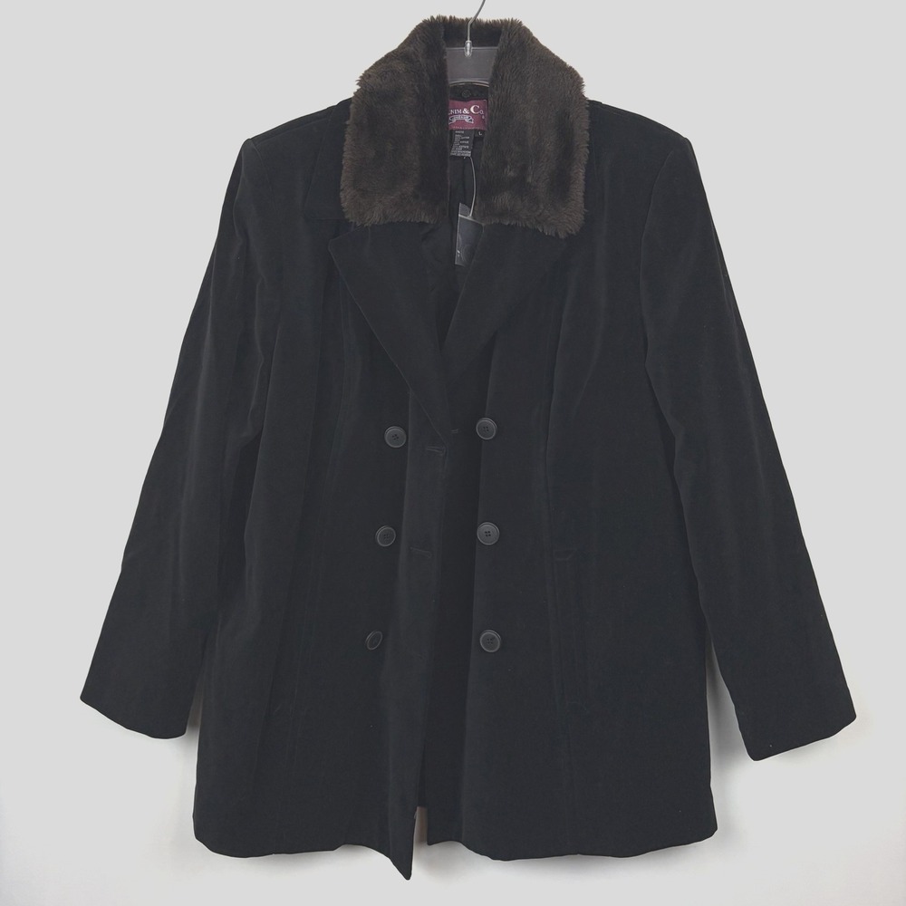 Denim & Co Jacket Womens Large Black Velvet Coat Button Faux Fur Collar